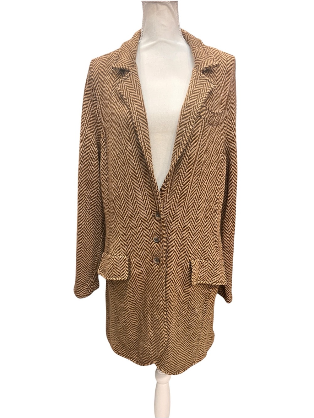 Lauren Ralph Lauren 1X Brown Herringbone Wool Cashmere Long Blazer Jacket - Picture 2 of 14